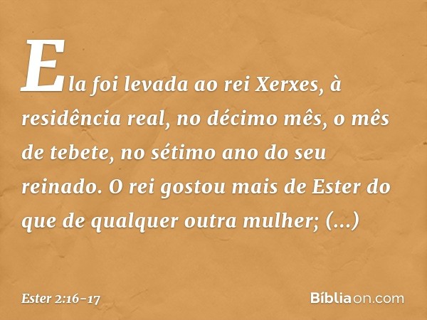 Ela foi levada ao rei Xerxes, à residência real, no décimo mês, o mês de tebete, no sétimo ano do seu reinado. O rei gostou mais de Ester do que de qualquer out