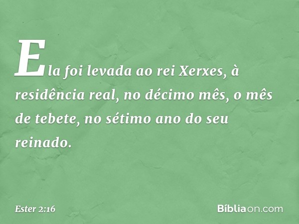 Ela foi levada ao rei Xerxes, à residência real, no décimo mês, o mês de tebete, no sétimo ano do seu reinado. -- Ester 2:16