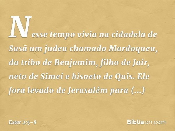 Nesse tempo vivia na cidadela de Susã um judeu chamado Mardoqueu, da tribo de Benjamim, filho de Jair, neto de Simei e bisneto de Quis. Ele fora levado de Jerus