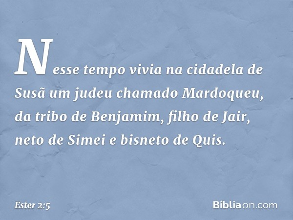 Nesse tempo vivia na cidadela de Susã um judeu chamado Mardoqueu, da tribo de Benjamim, filho de Jair, neto de Simei e bisneto de Quis. -- Ester 2:5