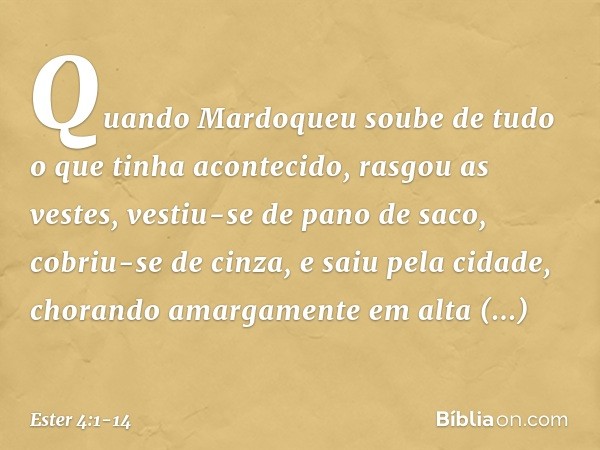 Quando Mardoqueu soube de tudo o que tinha acontecido, rasgou as vestes, vestiu-se de pano de saco, cobriu-se de cinza, e saiu pela cidade, chorando amargamente