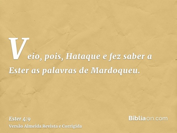 Veio, pois, Hataque e fez saber a Ester as palavras de Mardoqueu.