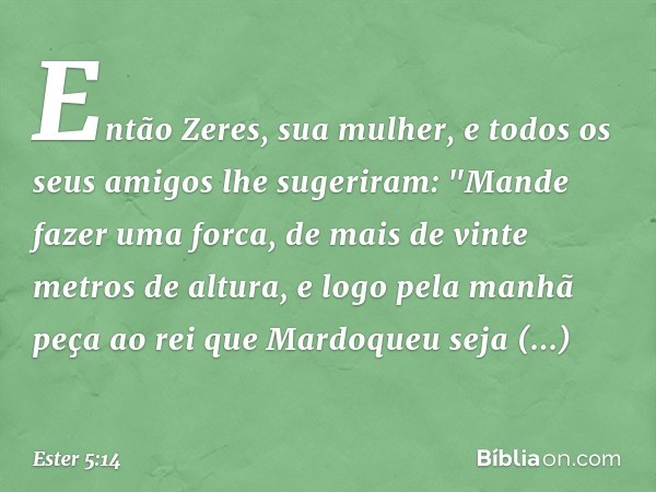 Então Zeres, sua mulher, e todos os seus amigos lhe sugeriram: "Mande fazer uma forca, de mais de vinte metros de altura, e logo pela manhã peça ao rei que Mard