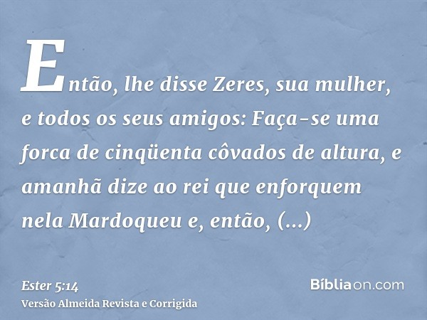 Então, lhe disse Zeres, sua mulher, e todos os seus amigos: Faça-se uma forca de cinqüenta côvados de altura, e amanhã dize ao rei que enforquem nela Mardoqueu 