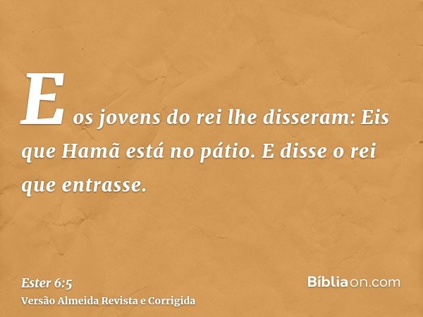 E os jovens do rei lhe disseram: Eis que Hamã está no pátio. E disse o rei que entrasse.
