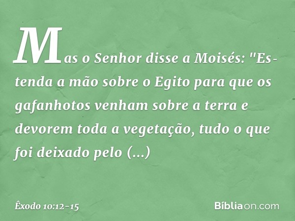 Mas o Senhor disse a Moisés: "Es­tenda a mão sobre o Egito para que os gafanho­tos venham sobre a terra e devorem toda a vege­tação, tudo o que foi deixado pelo