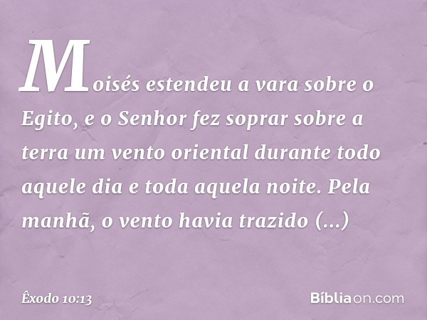 Moisés estendeu a vara sobre o Egito, e o Senhor fez soprar sobre a terra um vento oriental durante todo aquele dia e toda aquela noite. Pela manhã, o vento hav