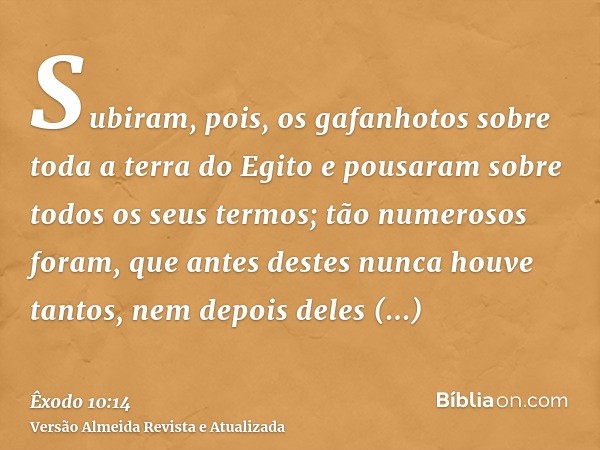 Subiram, pois, os gafanhotos sobre toda a terra do Egito e pousaram sobre todos os seus termos; tão numerosos foram, que antes destes nunca houve tantos, nem de