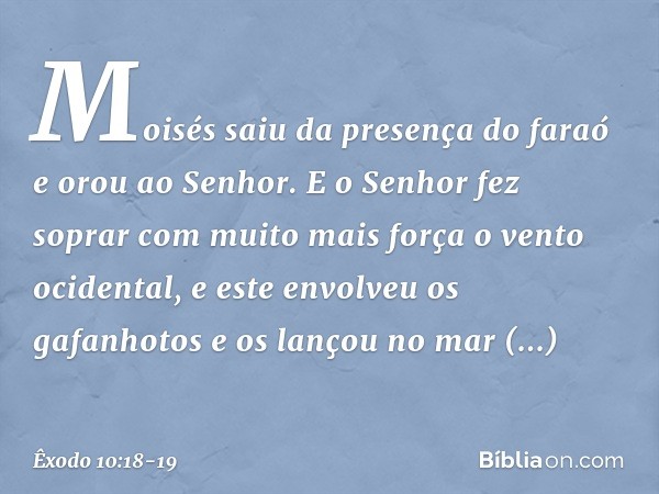 Moisés saiu da presença do faraó e orou ao Senhor. E o Senhor fez soprar com muito mais força o vento ocidental, e este en­volveu os gafanhotos e os lançou no m