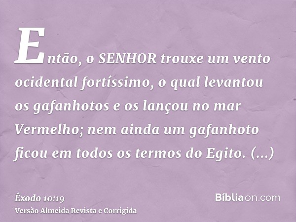 Então, o SENHOR trouxe um vento ocidental fortíssimo, o qual levantou os gafanhotos e os lançou no mar Vermelho; nem ainda um gafanhoto ficou em todos os termos