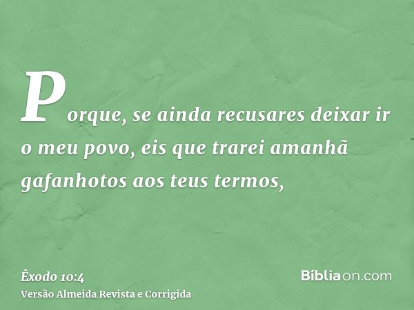 Porque, se ainda recusares deixar ir o meu povo, eis que trarei amanhã gafanhotos aos teus termos,