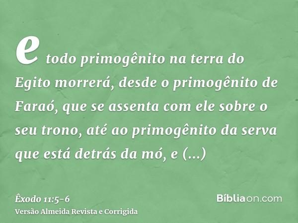 e todo primogênito na terra do Egito morrerá, desde o primogênito de Faraó, que se assenta com ele sobre o seu trono, até ao primogênito da serva que está detrá