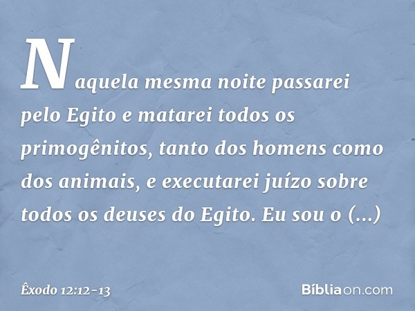 "Naquela mesma noite passarei pelo Egito e matarei todos os primogênitos, tanto dos homens como dos animais, e executarei juízo sobre todos os deuses do Egito. 