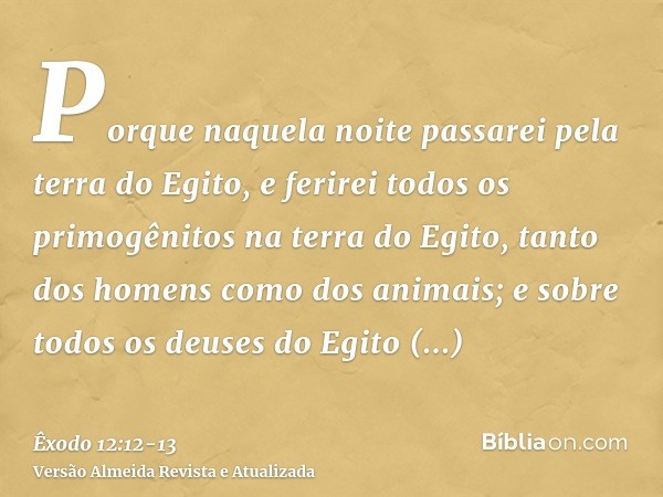 Porque naquela noite passarei pela terra do Egito, e ferirei todos os primogênitos na terra do Egito, tanto dos homens como dos animais; e sobre todos os deuses