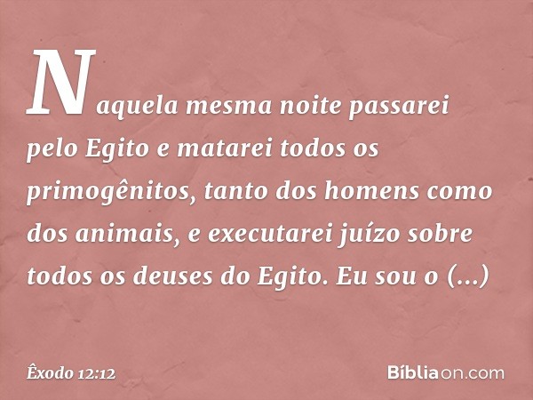 "Naquela mesma noite passarei pelo Egito e matarei todos os primogênitos, tanto dos homens como dos animais, e executarei juízo sobre todos os deuses do Egito. 