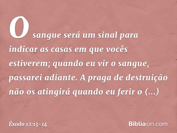 O sangue será um sinal para indicar as casas em que vocês estiverem; quando eu vir o sangue, passarei adiante. A praga de destrui­ção não os atingirá quando eu 