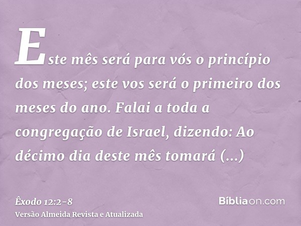 Este mês será para vós o princípio dos meses; este vos será o primeiro dos meses do ano.Falai a toda a congregação de Israel, dizendo: Ao décimo dia deste mês t