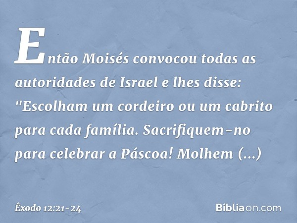 Então Moisés convocou todas as autoridades de Israel e lhes disse: "Escolham um cordeiro ou um cabrito para cada família. Sacrifiquem-no para celebrar a Páscoa