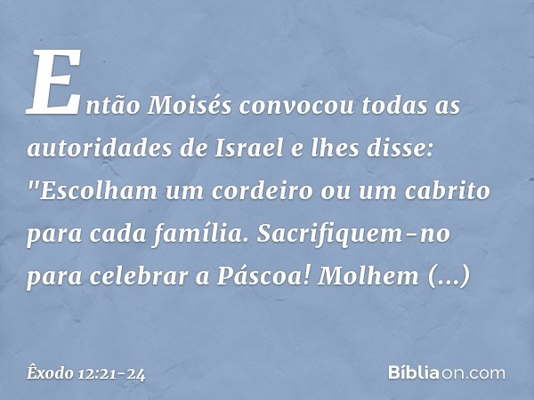 Então Moisés convocou todas as auto­ridades de Israel e lhes disse: "Escolham um cordeiro ou um cabrito para cada família. Sacrifiquem-no para celebrar a Páscoa