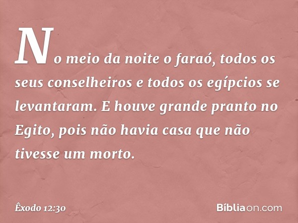 No meio da noite o faraó, todos os seus conselheiros e todos os egípcios se levanta­ram. E houve grande pranto no Egito, pois não havia casa que não tivesse um 