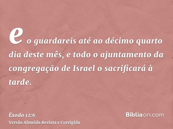e o guardareis até ao décimo quarto dia deste mês, e todo o ajuntamento da congregação de Israel o sacrificará à tarde.