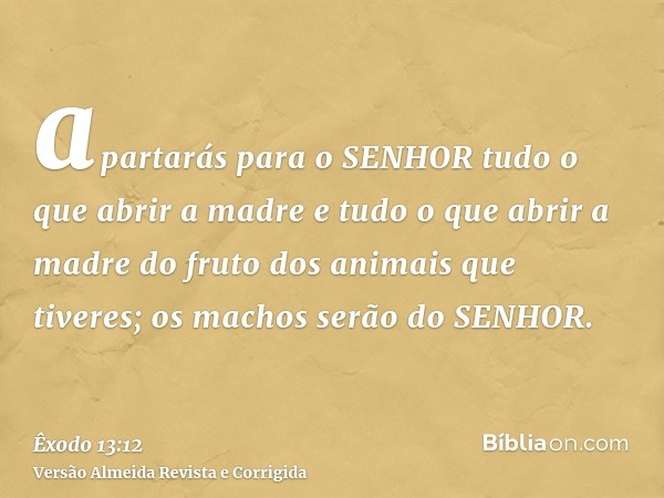 apartarás para o SENHOR tudo o que abrir a madre e tudo o que abrir a madre do fruto dos animais que tiveres; os machos serão do SENHOR.