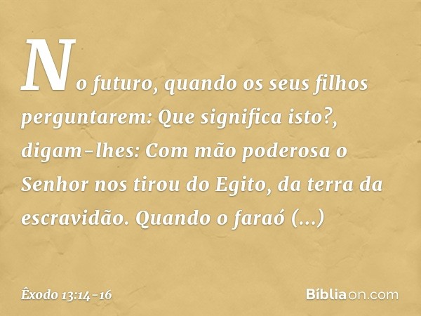 "No futuro, quando os seus filhos perguntarem: 'Que significa isto?', digam-lhes: Com mão poderosa o Senhor nos tirou do Egi­to, da terra da escravidão. Quando 