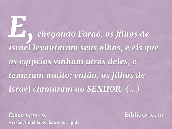 E, chegando Faraó, os filhos de Israel levantaram seus olhos, e eis que os egípcios vinham atrás deles, e temeram muito; então, os filhos de Israel clamaram ao 