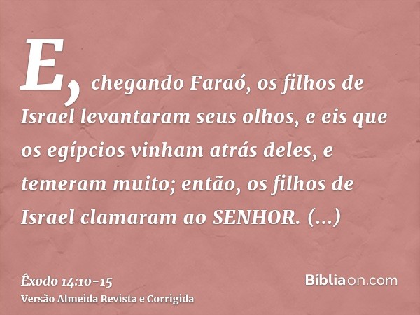 E, chegando Faraó, os filhos de Israel levantaram seus olhos, e eis que os egípcios vinham atrás deles, e temeram muito; então, os filhos de Israel clamaram ao