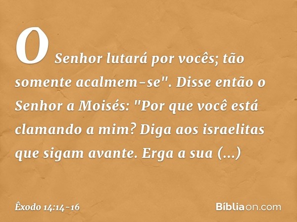 O Senhor lutará por vocês; tão somente acalmem-se". Disse então o Senhor a Moisés: "Por que você está clamando a mim? Diga aos israe­litas que sigam avante. Erg