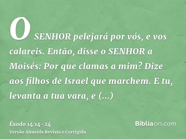 O SENHOR pelejará por vós, e vos calareis.Então, disse o SENHOR a Moisés: Por que clamas a mim? Dize aos filhos de Israel que marchem.E tu, levanta a tua vara, 