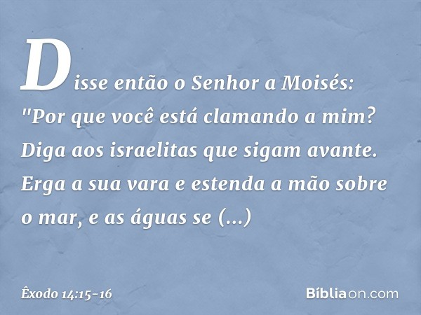 Disse então o Senhor a Moisés: "Por que você está clamando a mim? Diga aos israe­litas que sigam avante. Erga a sua vara e es­tenda a mão sobre o mar, e as água