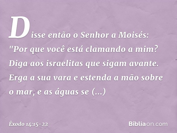 Disse então o Senhor a Moisés: "Por que você está clamando a mim? Diga aos israe­litas que sigam avante. Erga a sua vara e es­tenda a mão sobre o mar, e as água