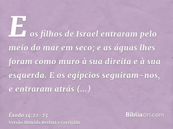 E os filhos de Israel entraram pelo meio do mar em seco; e as águas lhes foram como muro à sua direita e à sua esquerda.E os egípcios seguiram-nos, e entraram a