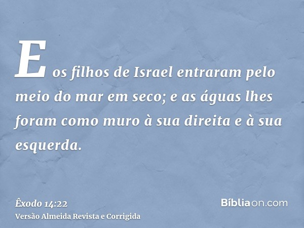 E os filhos de Israel entraram pelo meio do mar em seco; e as águas lhes foram como muro à sua direita e à sua esquerda.