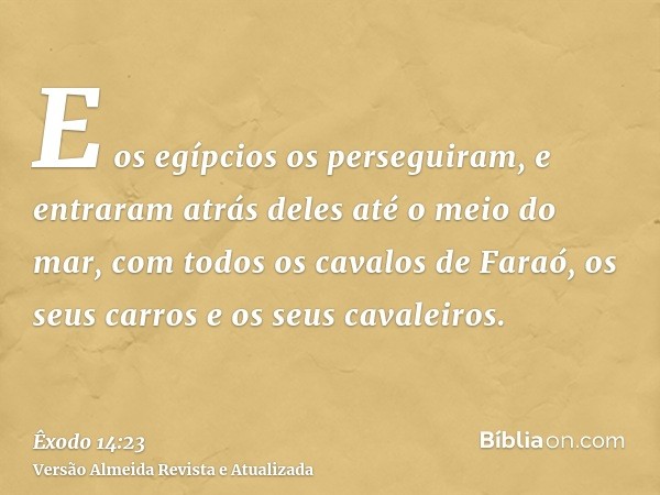 E os egípcios os perseguiram, e entraram atrás deles até o meio do mar, com todos os cavalos de Faraó, os seus carros e os seus cavaleiros.