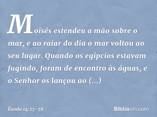 Moisés estendeu a mão sobre o mar, e ao raiar do dia o mar voltou ao seu lugar. Quando os egípcios estavam fugindo, foram de encontro às águas, e o Senhor os la