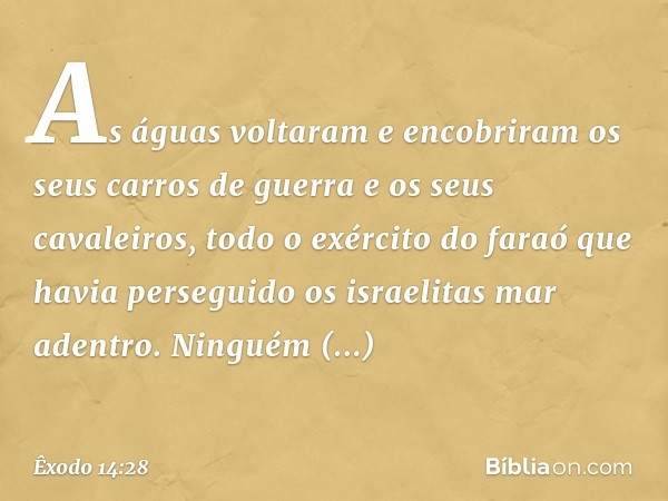 As águas volta­ram e encobriram os seus carros de guerra e os seus cavaleiros, todo o exército do faraó que havia perseguido os israelitas mar adentro. Nin­guém