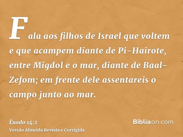 Fala aos filhos de Israel que voltem e que acampem diante de Pi-Hairote, entre Migdol e o mar, diante de Baal-Zefom; em frente dele assentareis o campo junto ao