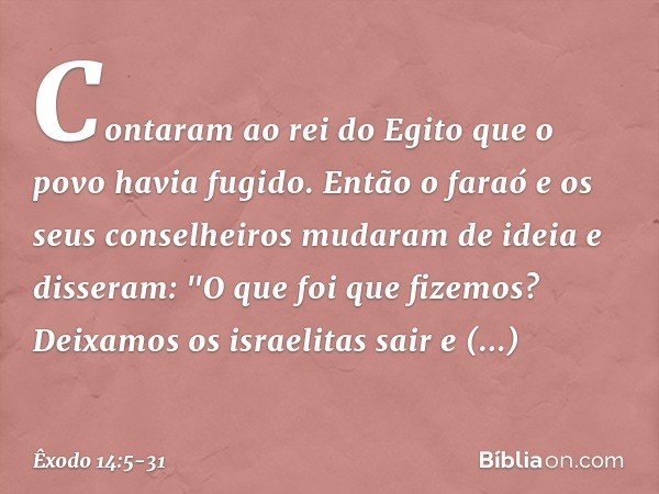 Contaram ao rei do Egito que o povo havia fugido. Então o faraó e os seus conselhei­ros mudaram de ideia e disseram: "O que foi que fizemos? Deixamos os israeli