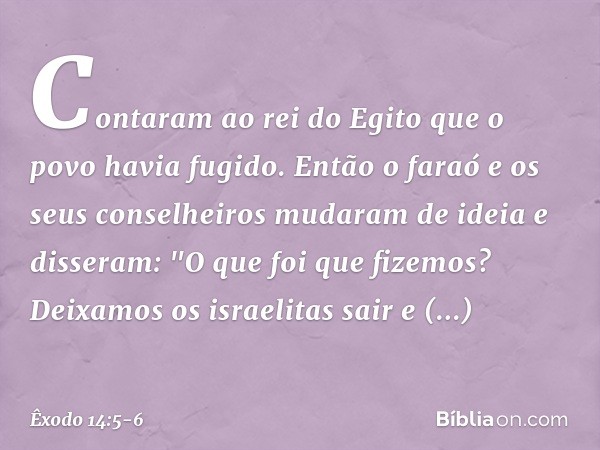 Contaram ao rei do Egito que o povo havia fugido. Então o faraó e os seus conselhei­ros mudaram de ideia e disseram: "O que foi que fizemos? Deixamos os israeli