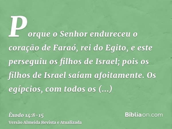 Porque o Senhor endureceu o coração de Faraó, rei do Egito, e este perseguiu os filhos de Israel; pois os filhos de Israel saíam afoitamente.Os egípcios, com to