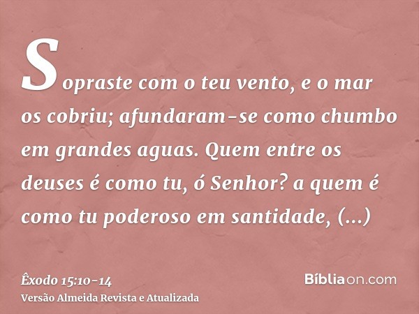 Sopraste com o teu vento, e o mar os cobriu; afundaram-se como chumbo em grandes aguas.Quem entre os deuses é como tu, ó Senhor? a quem é como tu poderoso em sa