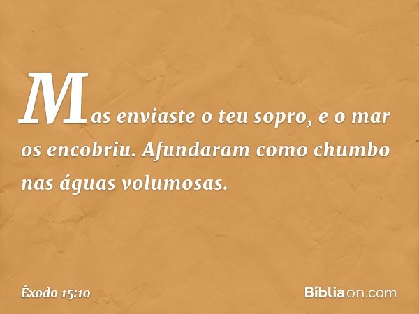 Mas enviaste o teu sopro,
e o mar os encobriu.
Afundaram como chumbo
nas águas volumosas. -- Êxodo 15:10