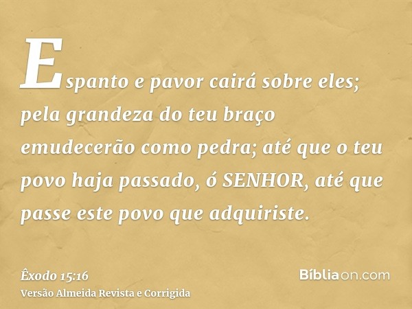 Espanto e pavor cairá sobre eles; pela grandeza do teu braço emudecerão como pedra; até que o teu povo haja passado, ó SENHOR, até que passe este povo que adqui