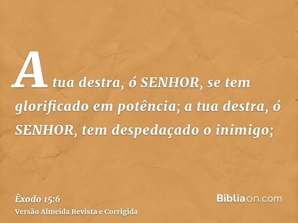 A tua destra, ó SENHOR, se tem glorificado em potência; a tua destra, ó SENHOR, tem despedaçado o inimigo;