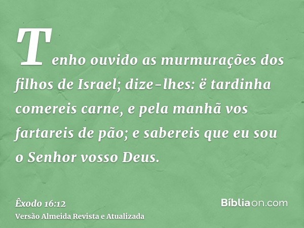 Tenho ouvido as murmurações dos filhos de Israel; dize-lhes: ë tardinha comereis carne, e pela manhã vos fartareis de pão; e sabereis que eu sou o Senhor vosso 