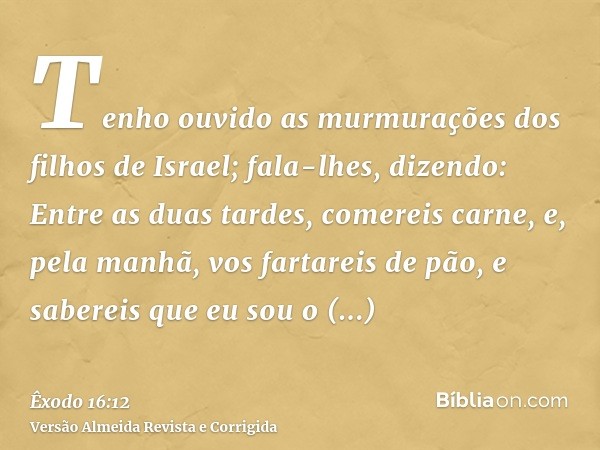 Tenho ouvido as murmurações dos filhos de Israel; fala-lhes, dizendo: Entre as duas tardes, comereis carne, e, pela manhã, vos fartareis de pão, e sabereis que 