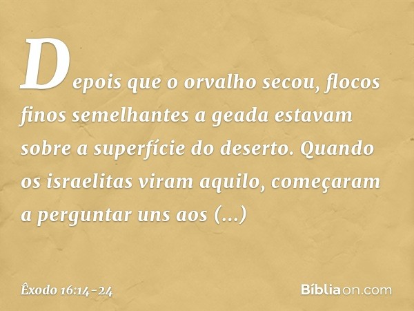 Depois que o orvalho secou, flocos finos semelhantes a geada estavam sobre a superfície do deserto. Quan­do os israelitas viram aquilo, começaram a pergun­tar u