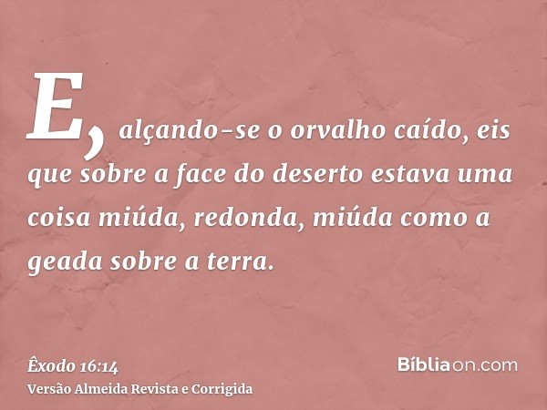 E, alçando-se o orvalho caído, eis que sobre a face do deserto estava uma coisa miúda, redonda, miúda como a geada sobre a terra.